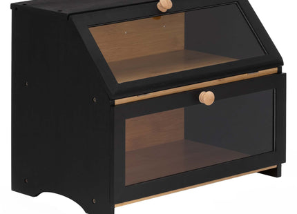 Broodtrommel Voor Op Het Aanrecht - Broodmand - Metaal - Bamboe Deksel - 2 Laags -  Zwart - 25 X 39 X 32 CM