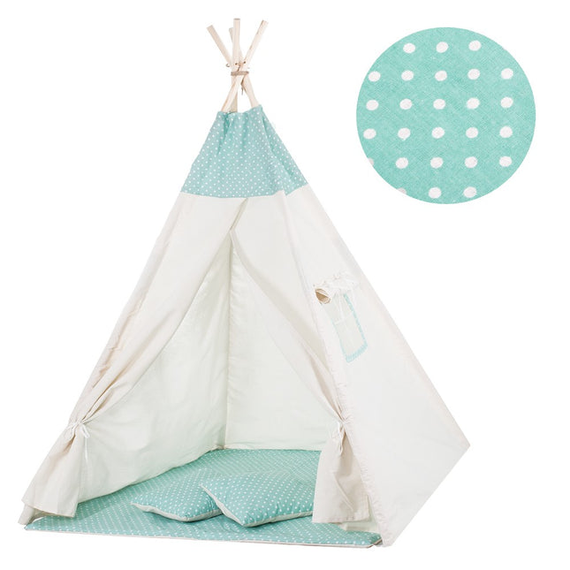 Tipi Tent | Wigwam Speeltent | 120x100x180 cm | Met Mat en Kussens | Naturel Mint | Stippen