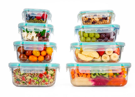 Voedselcontainer - Voorraadpot - Tempratuurbestendig - Keukenaccessoire - Set Van 8 - Borosilicaatglas - Kunststof