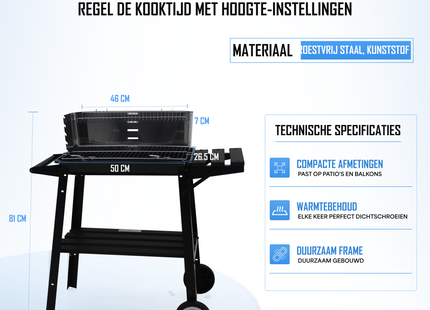 Houtskool barbecue -Op Wielen  - BBQ - Asopvangbak -  Kunststof - RVS - Zwart - Zilver