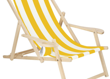 Ligbed | Strandstoel | Ligstoel | Verstelbaar | Armleuningen | Beukenhout | Handgemaakt | Geel/Wit