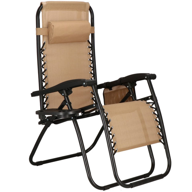 Tuinstoel | Ligstoel | Opvouwbaar | Verstelbaar | Ergonomische Hoofdsteun | Beige/Zwart
