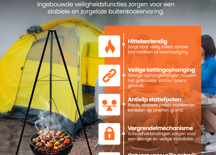 Muntel® BBQ Tripod - Driepoot - 6 in 1 - Inclusief Pot - Inclusief Rooster - Inclusief Vis Rookplankjes - Inclusief Vuurschaal - 6 X Spies - 1 X Suikerhoedhouder -  65 x 180 cm
