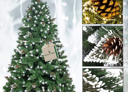 Kunstkerstboom | Premium Royal | Sneeuw | Dennenappels | 180 cm | Zonder Verlichting | Houten Standaard