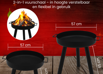Vuurschaal 2-in 1 In Hoogte Verstelbaar - Vuurkorf  - Vuurhaard - Tuinhaard - Staal -  Ø57 cm -  32 -65 CM - Zwart