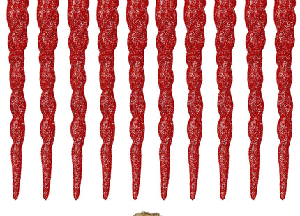 Kerstballen | Ijspegels | 10 Stuks | 12 cm | Rood | Glitter