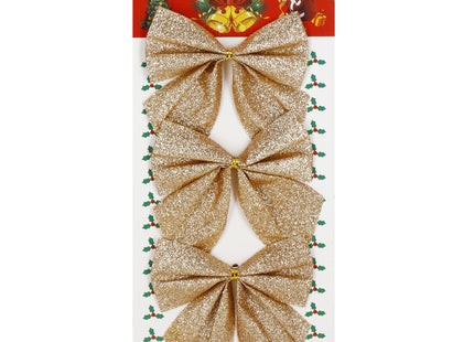 Kerstboomhanger | Strik | Gouden Glitter | 3 Stuks | 11 Cm