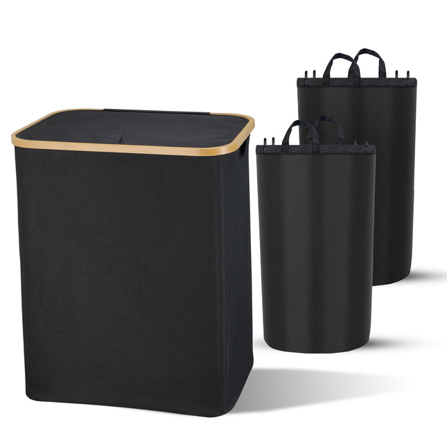 Dubbele Wasmand | Was Sorteerder | Met Deksel | 160 Liter | Zwart