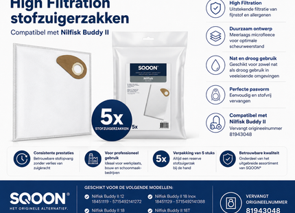 SQOON® Stofzuigerzakken  Geschikt voor Nilfisk Buddy II - Vervangt 81943048 - High Filtration - Voor Industrieel Gebruik