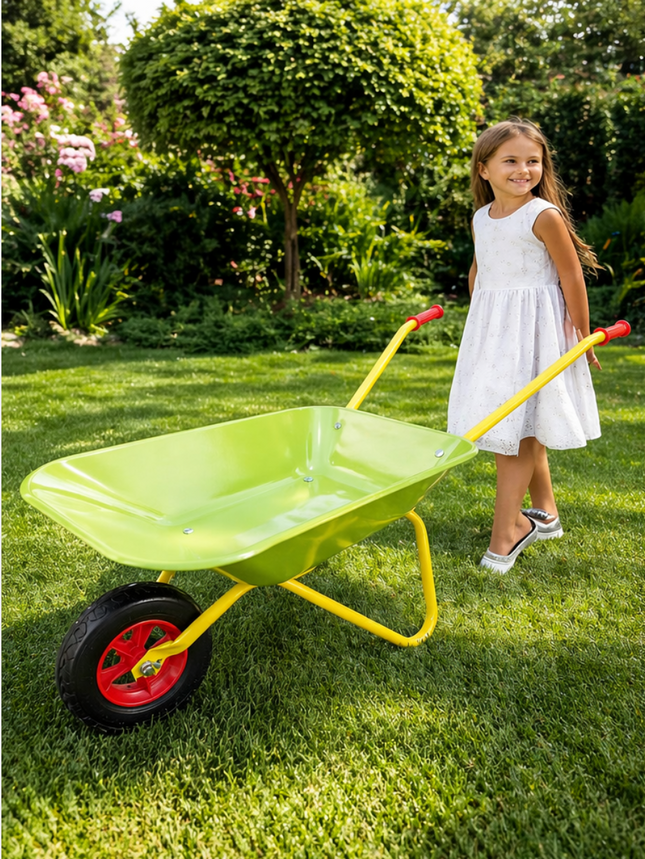 Kinderkruiwagen - Kruiwagen - Hoogwaardige kwaliteit - Kinderspeelgoed - Metaal/Kunststof - Lime/Rood