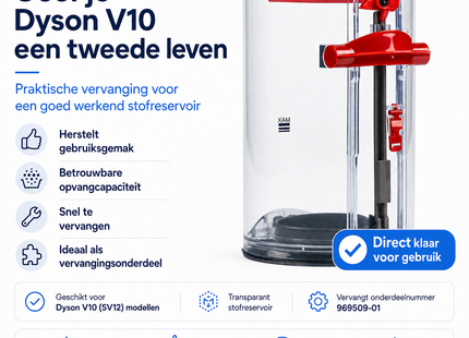SQOON® Stofreservoir geschikt voor Dyson V10/SV12 - Gelijk aan model: 969509-01 - Groot formaat 195 mm - Ideale vervanging voor versleten opvangbak