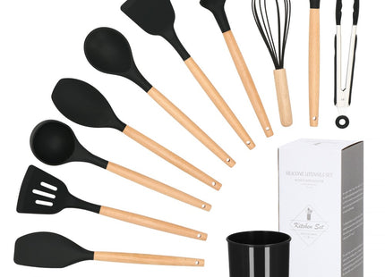 Kookgerei Set | 12 Delig | Keukengerei Siliconen Set | Bamboe/Siliconen | Zwart