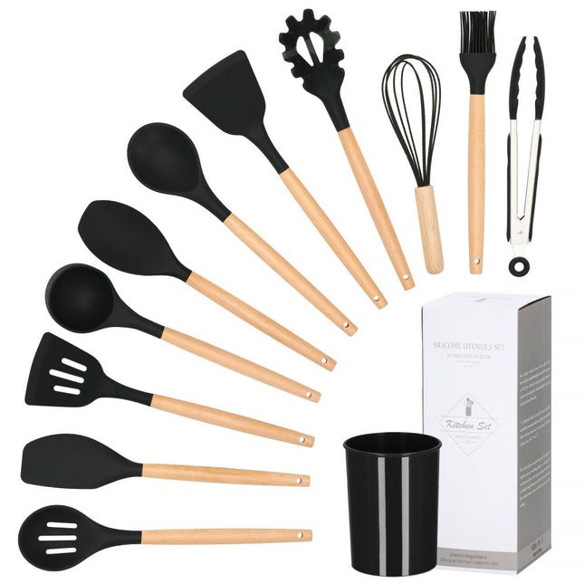 Kookgerei Set | 12 Delig | Keukengerei Siliconen Set | Bamboe/Siliconen | Zwart