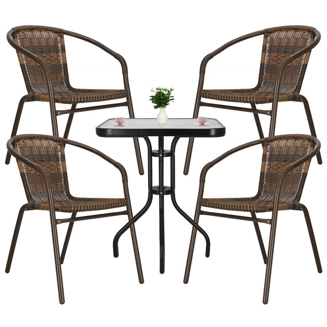 Tuinset | Balkonset | Bistroset | 3-Delig | Tafel + 4 Stoelen | Zwart/Bruintinten