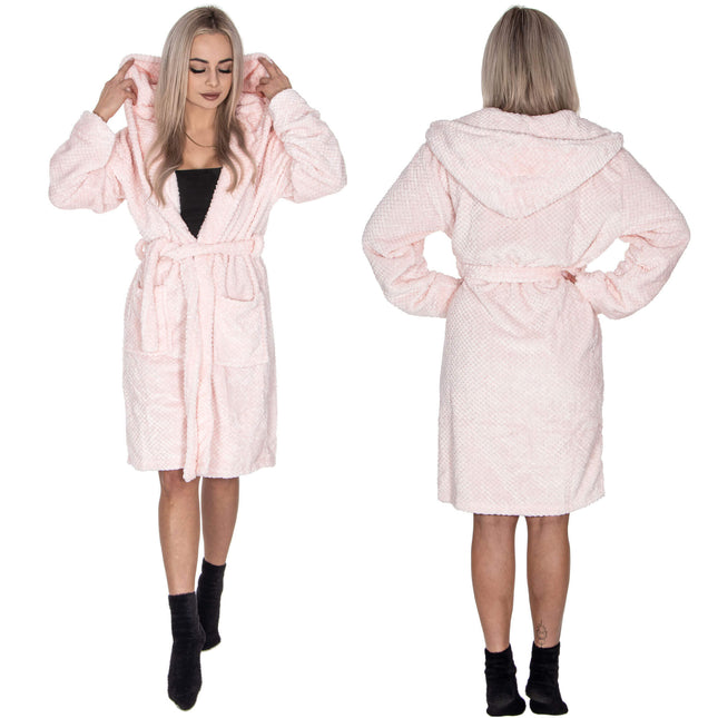 Badjas - Fleece - Roze - Capuchon - Riem - Maat S/M