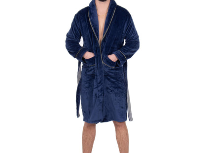 Badjas - Fleece - Marineblauw - Grijstint - Capuchon - Riem - Maat M/L