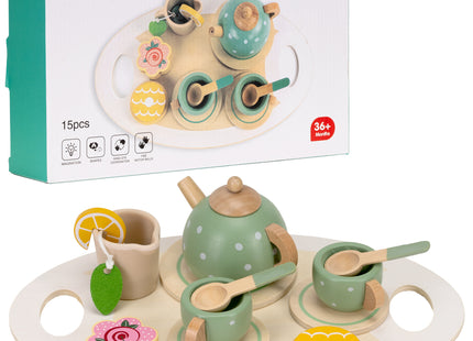 Springos ® Houten Theeservies - 13-delige Theeset met Theepot, Kopjes, Taartjes en Koekjes - Groen