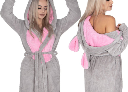 Badjas - Fleece - Konijn - Capuchon - Lichtgrijs - Riem - Maat M/L