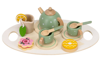 Springos ® Houten Theeservies - 13-delige Theeset met Theepot, Kopjes, Taartjes en Koekjes - Groen