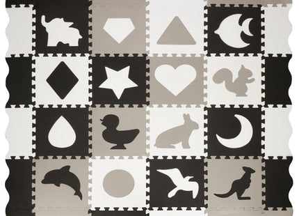 Speelmat | Speelmat Foam | Puzzelmat | Figuren | 16 Puzzelstukken | 150 x 150 cm | Zwart/Wit/Grijs