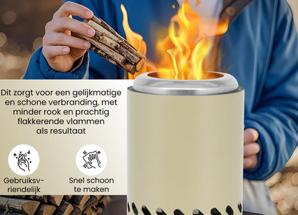 EdenOutdoor® Tafelhaard - Rookloze Tafelhaard - Rookloze Vuurkorf - Pellet & Hout - 19,5 x Ø14,5 CM - Beige