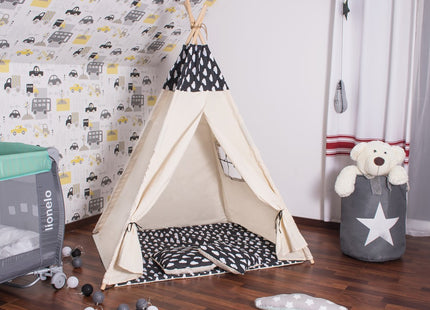 Tipi Tent | Wigwam Speeltent | 120x100x180 cm | Met Mat en Kussens | Naturel Zwart | Wolken