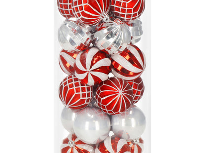 Kerstballen | 24 Stuks | 6 cm | Zilver/Rood/Grijs