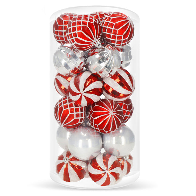Kerstballen | 24 Stuks | 6 cm | Zilver/Rood/Grijs