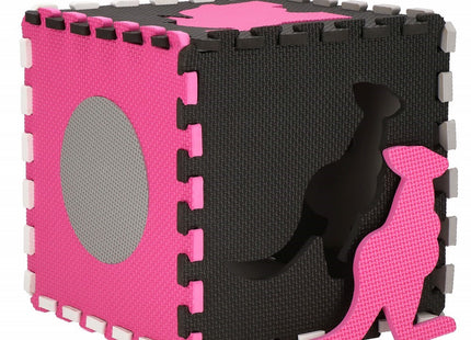 Speelmat | Speelmat Foam | Puzzelmat | Figuren | 9 Puzzelstukken | 120 x 120 cm | Roze/Grijs/Zwart/Wit