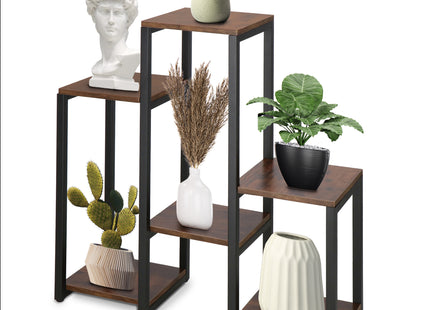 Plantenrek | Plantenstandaard | Plantentrap | 6 Niveaus | Metaal | Hout | Zwart | Donkerbruin
