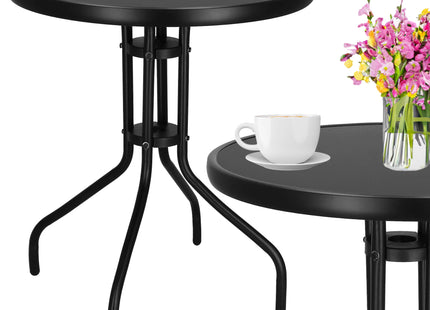 Tuintafel | Buitentafel | Bijzettafel Buiten | Metaal | Donker Gehard Glas | Rond | 60 x 60 x 70 cm | Zwart
