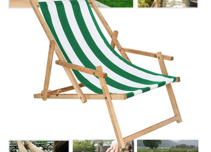 Ligbed | Strandstoel | Ligstoel | Verstelbaar | Arm Leuning | Beukenhout | Geïmpregneerd | Handgemaakt | Groen Wit