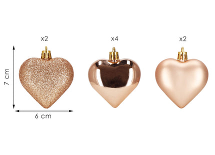 Kerstballen | Rose Goud | Hartjes | 8 Stuks | 7 Cm
