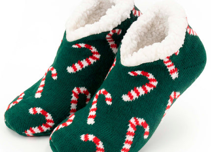 Kerstslippers – Donkergroen – Maat 37-41 – Warme Gevoerde Pantoffels met Antislip – Kerstmotief met Zuurstokken