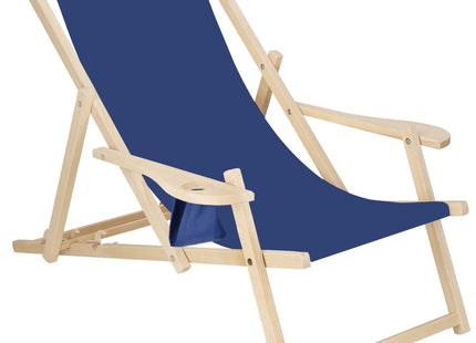 Ligbed | Strandstoel | Ligstoel | Verstelbaar | Armleuningen | Beukenhout | Handgemaakt | Marineblauw