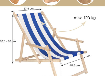 Ligbed | Strandstoel | Ligstoel | Verstelbaar | Arm Leuning | Beukenhout | Handgemaakt | Blauw Wit
