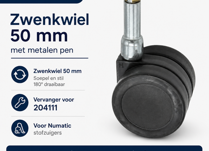 SQOON® Zwenkwiel 50 mm geschikt voor Numatic PPR / PPT / WV / CVC / GVE – Vervanger voor 204111