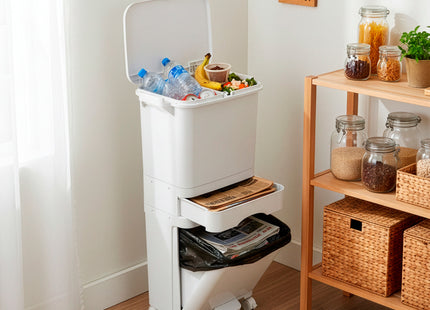 Prullenbak - Afvalbak - Vuilnisbak - Vuilbak - Op Wielen - Afvalscheidingsbakken -  3 Delig - 42 Liter - 83,5 x 42 x 28,5 Cm - Wit