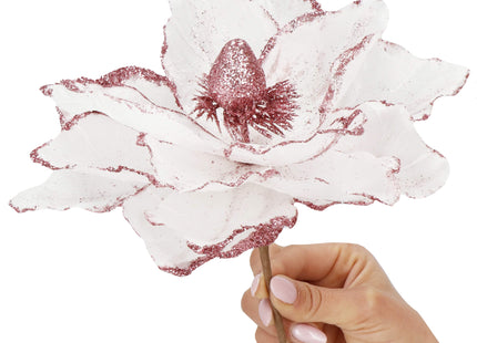 Kunstbloem - Kunststof - Magnolia - Wit - Roze - Glitters