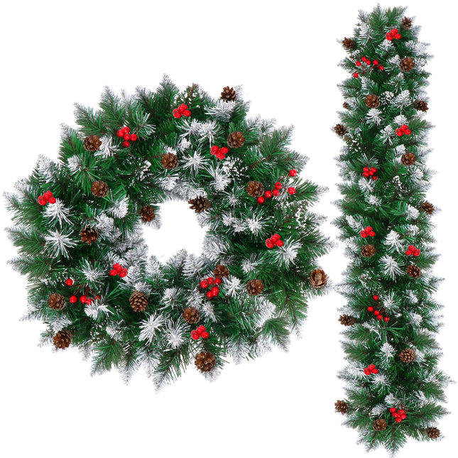 Kerstslinger | 110 cm | Dennenappels | Lijsterbes | Sneeuw | Groen