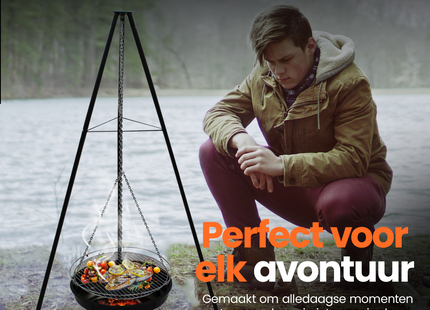 Muntel® BBQ Tripod - Driepoot - 6 in 1 - Inclusief Pot - Inclusief Rooster - Inclusief Vis Rookplankjes - Inclusief Vuurschaal - 6 X Spies - 1 X Suikerhoedhouder -  65 x 180 cm