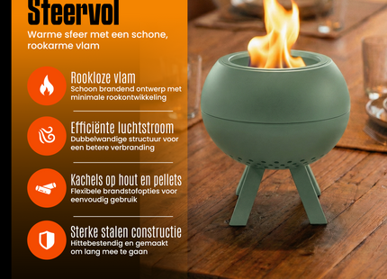 Tafelhaard - Rookloze Tafelhaard - Rookloze Vuurkorf - Pellet & Hout - Dubbelwandig - Inc. Schep - 22 x 22 x 27 CM -  Groen - Peluma