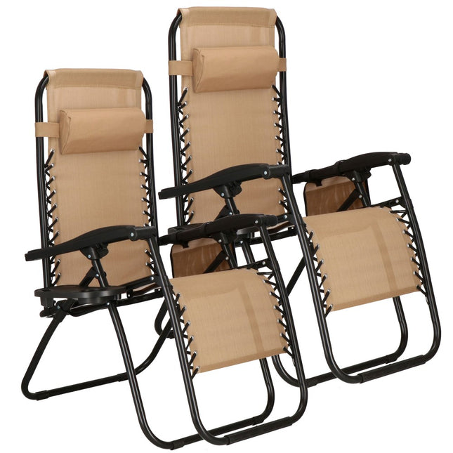 Tuinstoelen | Ligstoel | Opvouwbaar | Verstelbaar | Ergonomische Hoofdsteun | 2 Stuks | Beige/Zwart