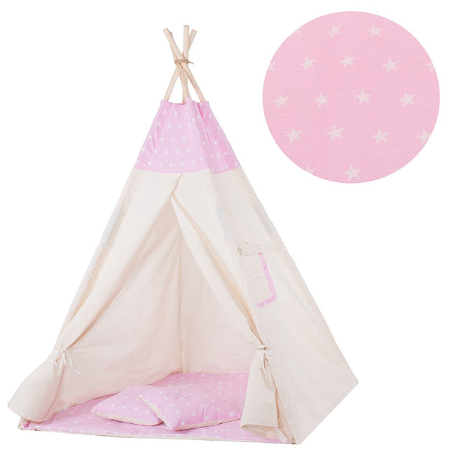 Tipi Tent | Wigwam Speeltent | 120x100x180 cm | Met Mat en Kussens | Naturel Roze | Sterren