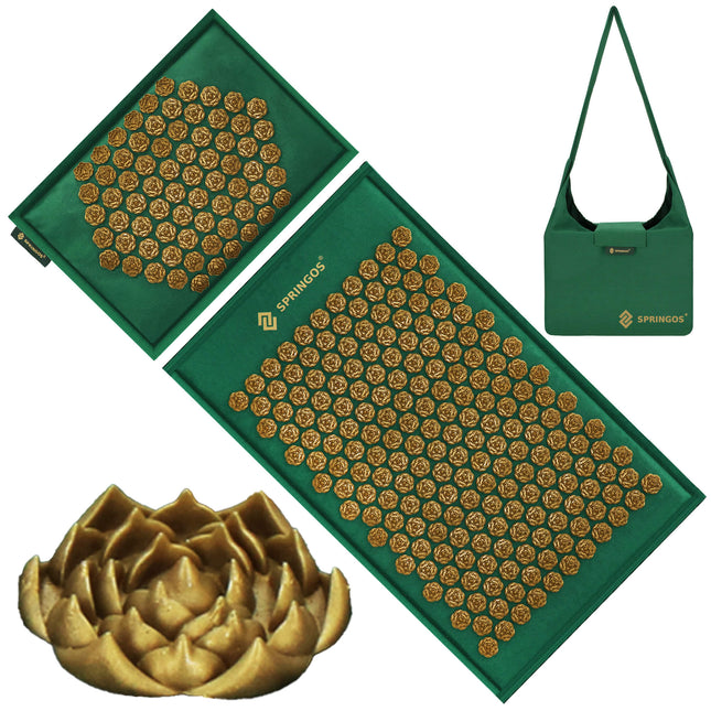 Acupressuurmat - Spijkermat - Lichaamsstimulator - Ontspanning - Massage - Kussen - Groen/Goud