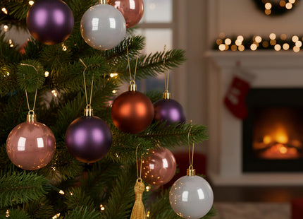 Kerstballen | 24 Stuks | 6,5 cm | Paars | Bruin | Parelmoer | Roségoud