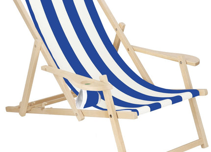 Ligbed | Strandstoel | Ligstoel | Verstelbaar | Armleuningen | Beukenhout | Handgemaakt | Blauw/Wit