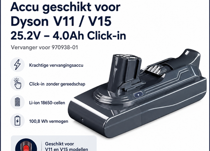 SQOON® Accu geschikt voor Dyson V11 / V15 stofzuiger - 25,2V 4,0Ah Li-ion click - gelijk aan 970938-01 - voor modellen met rode knop
