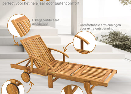 Houten Ligstoel - Ligbed -  Op Wielen -  Verstelbaar - Weersbestendig  - Uitschuiftafel - 193 x 70 x 30 Cm
