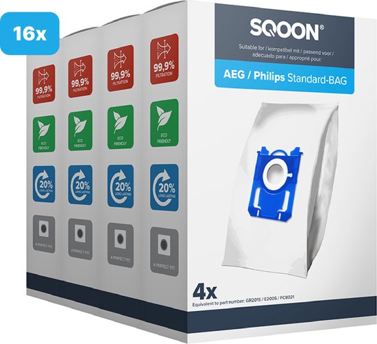 SQOON® Stofzuigerzakken geschikt voor AEG / Electrolux / Philips Standard-BAG | 16 stuks